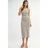 chevron knit bodycon midi dress with side cutouts worn by model with tan platform heels