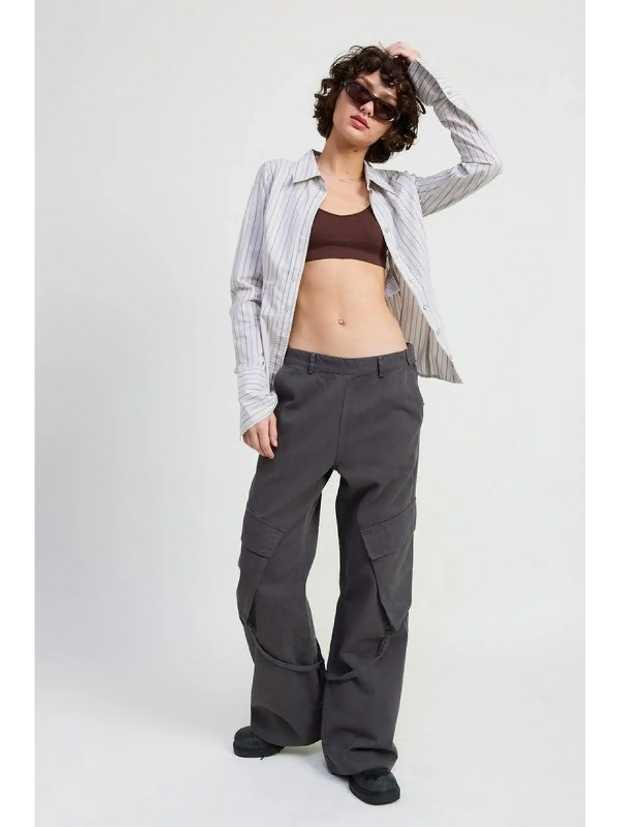 Emory Park relaxed cargo pants for women in dark gray worn with striped shirt and crop top