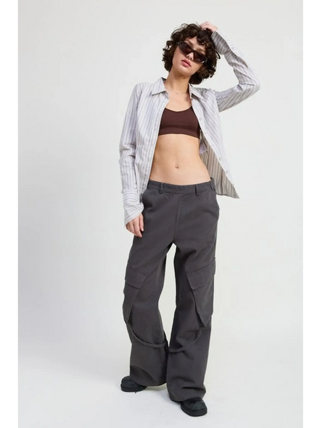 Emory Park relaxed cargo pants for women in dark gray worn with striped shirt and crop top
