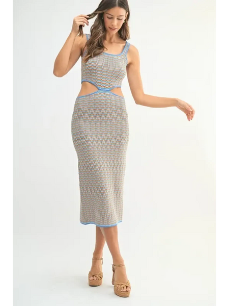  chevron knit bodycon midi dress with cutout waist and blue trim worn by model