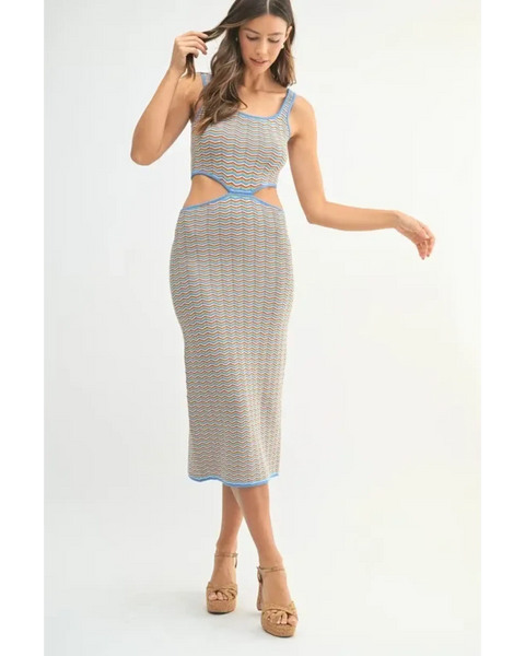  chevron knit bodycon midi dress with cutout waist and blue trim worn by model