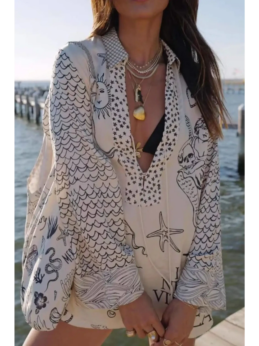 Trendsi Nautical Print Top and Shorts Set featuring ocean-inspired designs with long sleeves and relaxed fit