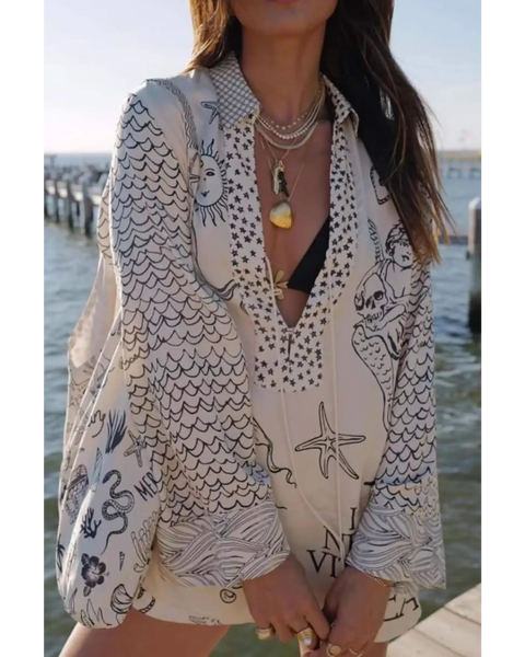 Trendsi Nautical Print Top and Shorts Set featuring ocean-inspired designs with long sleeves and relaxed fit