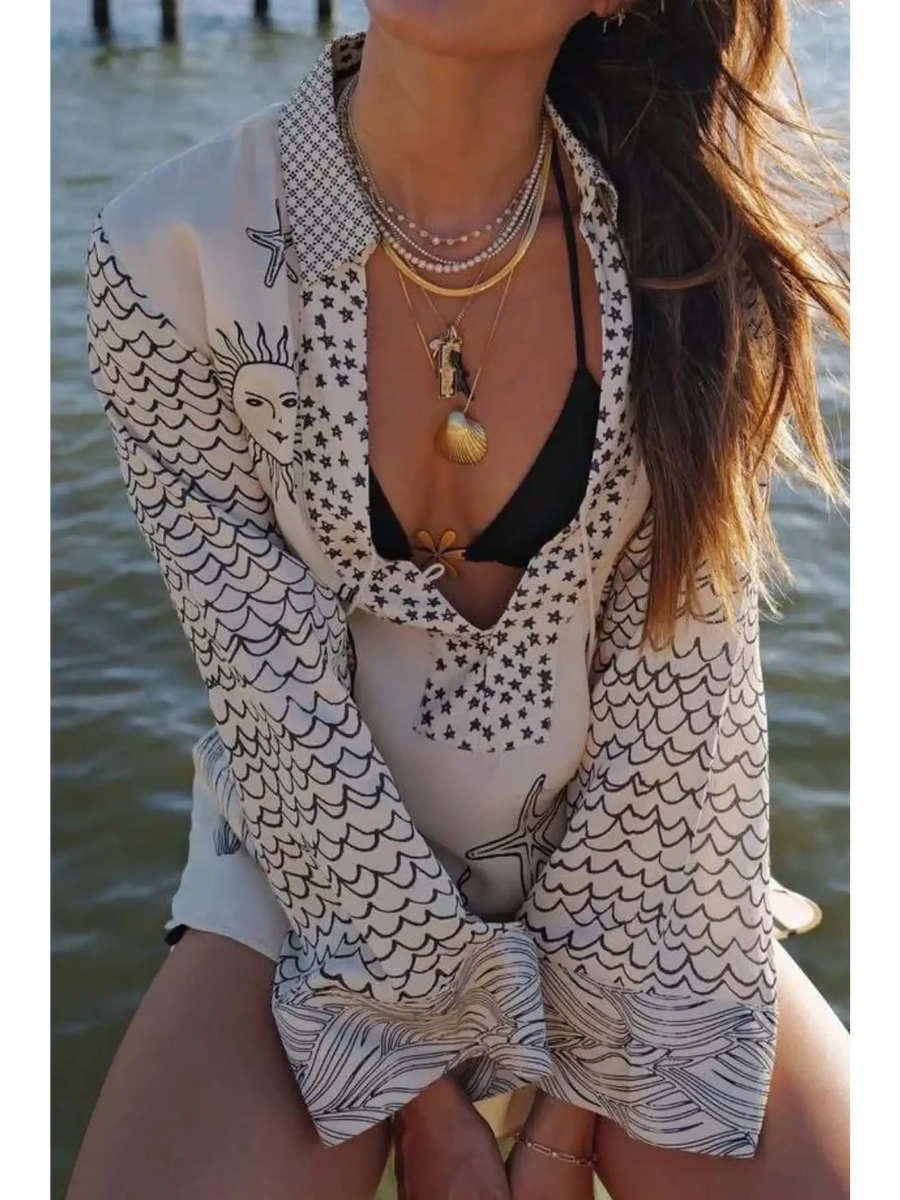 Trendsi Nautical Print Top and Shorts Set featuring black and white sea-inspired designs with sun and star motifs