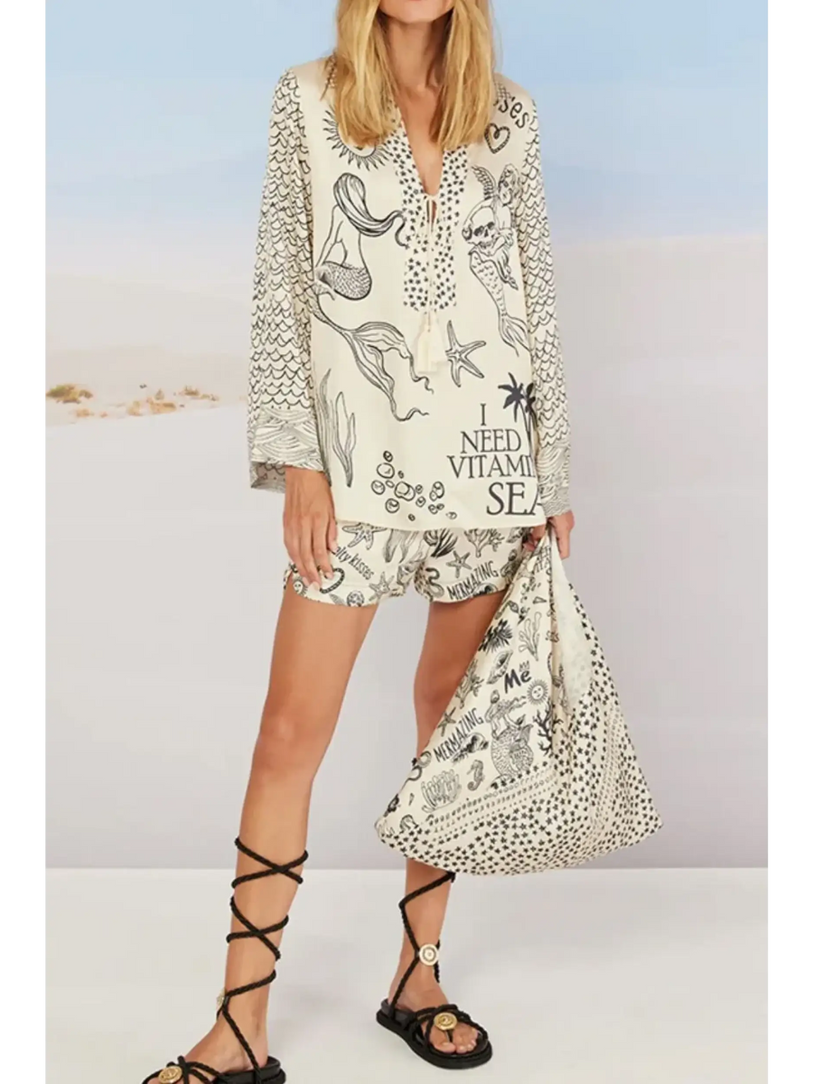 Trendsi Nautical Print Top and Shorts Set featuring black sea-themed illustrations on white fabric
