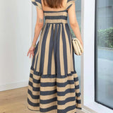 Trendsi navy blue cap sleeve maxi dress with beige stripes and square neckline shown from back