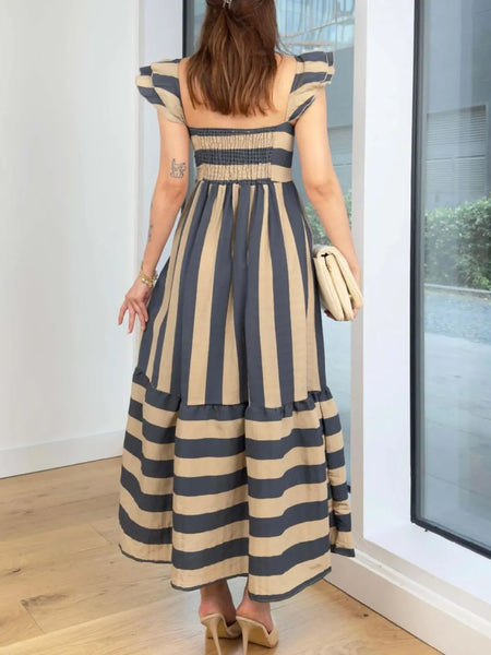 Trendsi navy blue cap sleeve maxi dress with beige stripes and square neckline shown from back