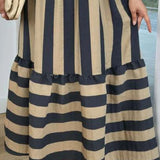 Trendsi navy blue cap sleeve maxi dress with beige vertical and horizontal stripes