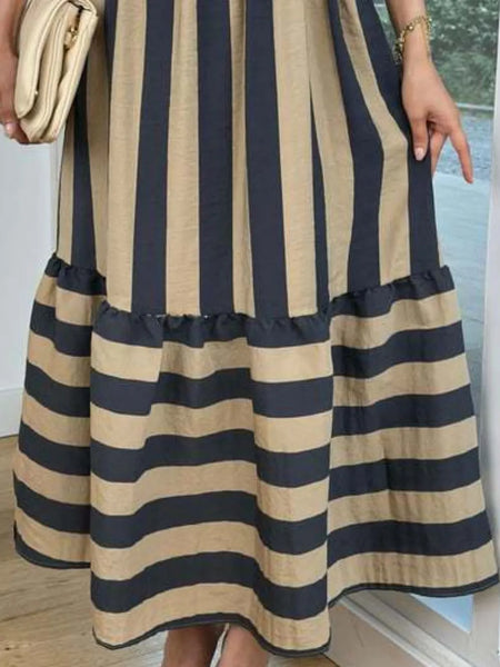 Trendsi navy blue cap sleeve maxi dress with beige vertical and horizontal stripes