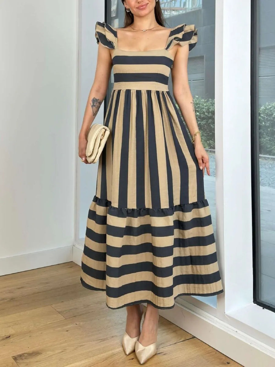 Trendsi navy blue cap sleeve maxi dress with beige stripes and square neckline