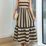 Trendsi navy blue cap sleeve maxi dress with beige stripes and square neckline