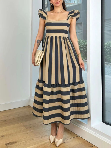 Trendsi navy blue cap sleeve maxi dress with beige stripes and square neckline
