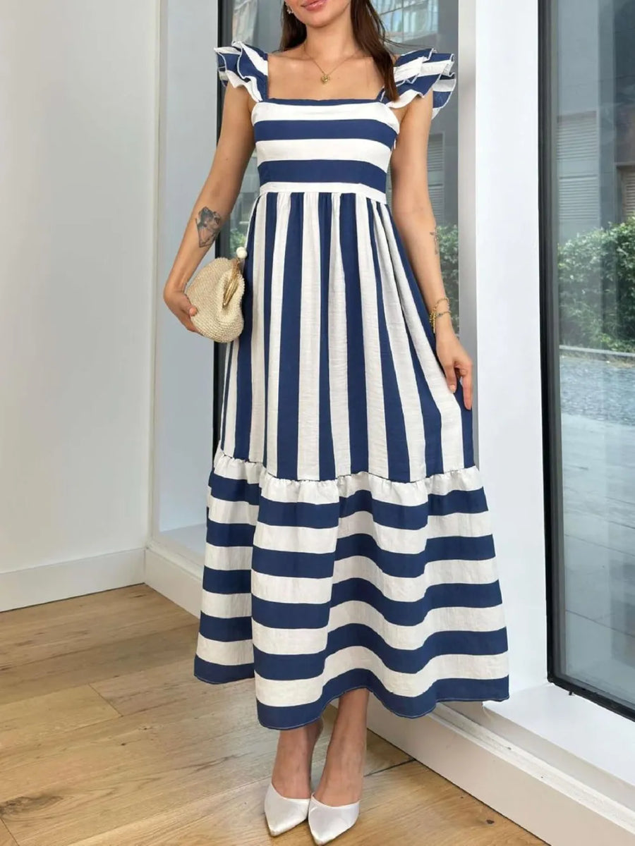 Trendsi navy blue cap sleeve maxi dress with white stripes and ruffle details