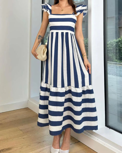 Trendsi navy blue cap sleeve maxi dress with white stripes and ruffle details