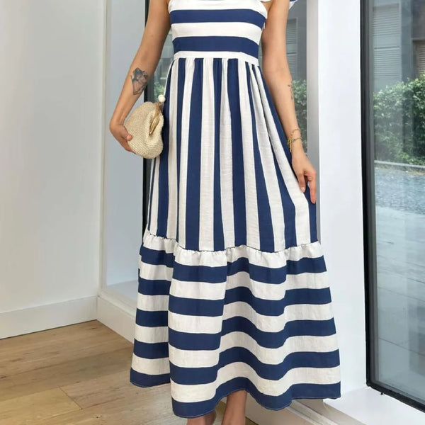 Trendsi navy blue cap sleeve maxi dress with white stripes and ruffle details