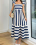 Trendsi navy blue cap sleeve maxi dress with white stripes and ruffle details