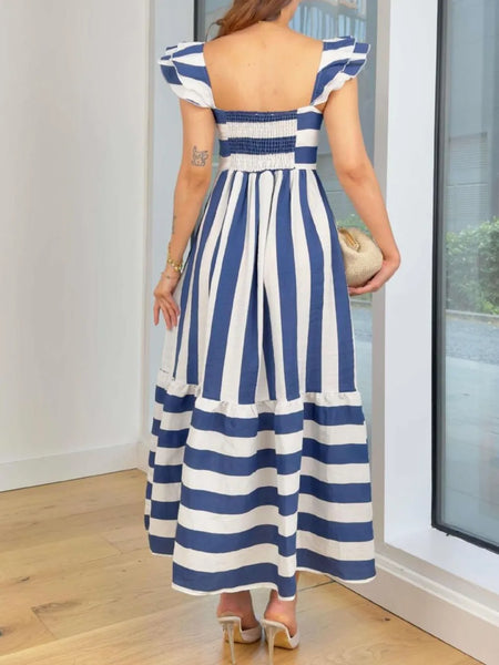 Trendsi navy blue cap sleeve maxi dress with white stripes and smocked back detail