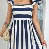 Trendsi navy blue cap sleeve maxi dress with white horizontal and vertical stripes and ruffle details