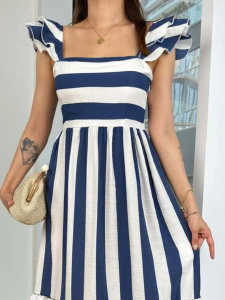 Trendsi navy blue cap sleeve maxi dress with white horizontal and vertical stripes and ruffle details