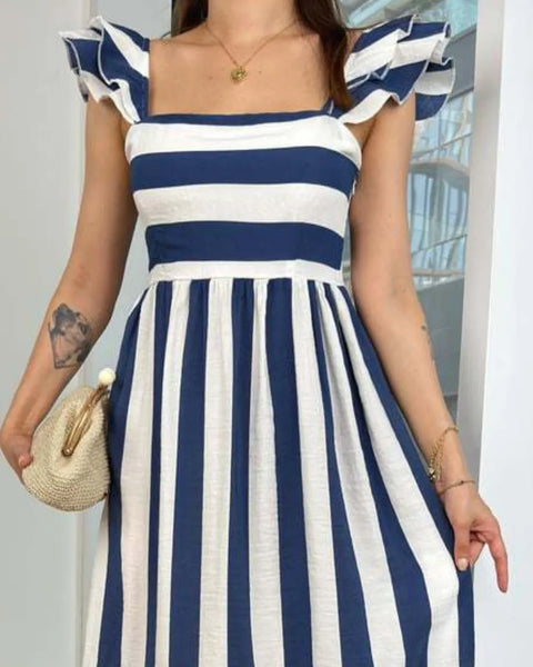 Trendsi navy blue cap sleeve maxi dress with white horizontal and vertical stripes and ruffle details