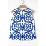 Trendsi sleeveless top with blue circular leaf pattern on white fabric navy blue sleeveless top for women