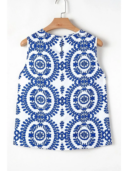 Trendsi sleeveless top with blue circular leaf pattern on white fabric navy blue sleeveless top for women