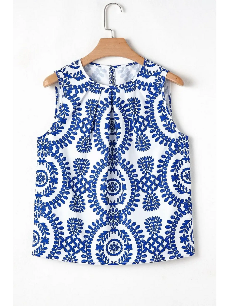 Trendsi navy blue sleeveless top for women with white background and intricate circular pattern design