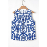 Trendsi navy blue sleeveless top for women with white background and intricate circular pattern design