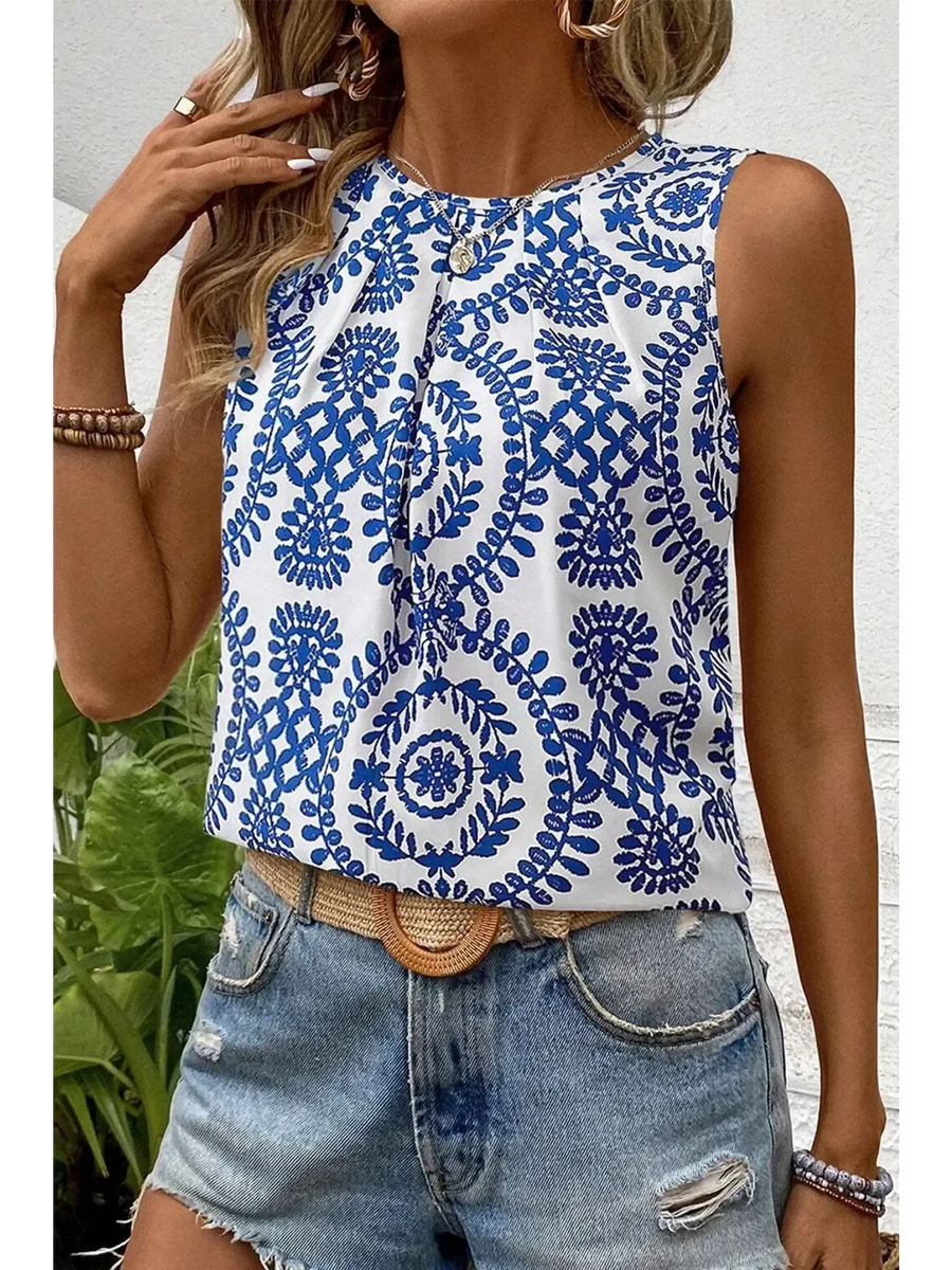 Trendsi navy blue sleeveless top for women with intricate white and blue floral pattern