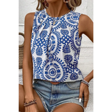 Trendsi navy blue sleeveless top for women with white floral pattern and sleeveless design