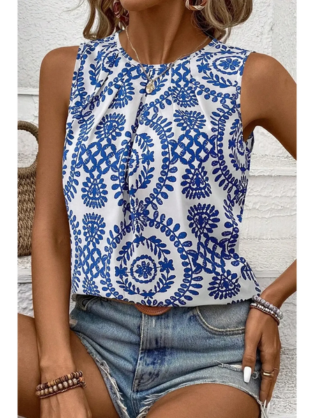 Trendsi navy blue sleeveless top for women with white floral pattern and sleeveless design