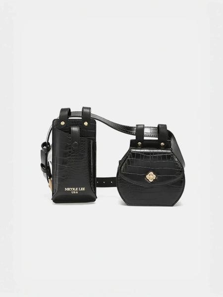 Black crocodile texture belt bag with two compartments and gold accents from Babe Beachwear