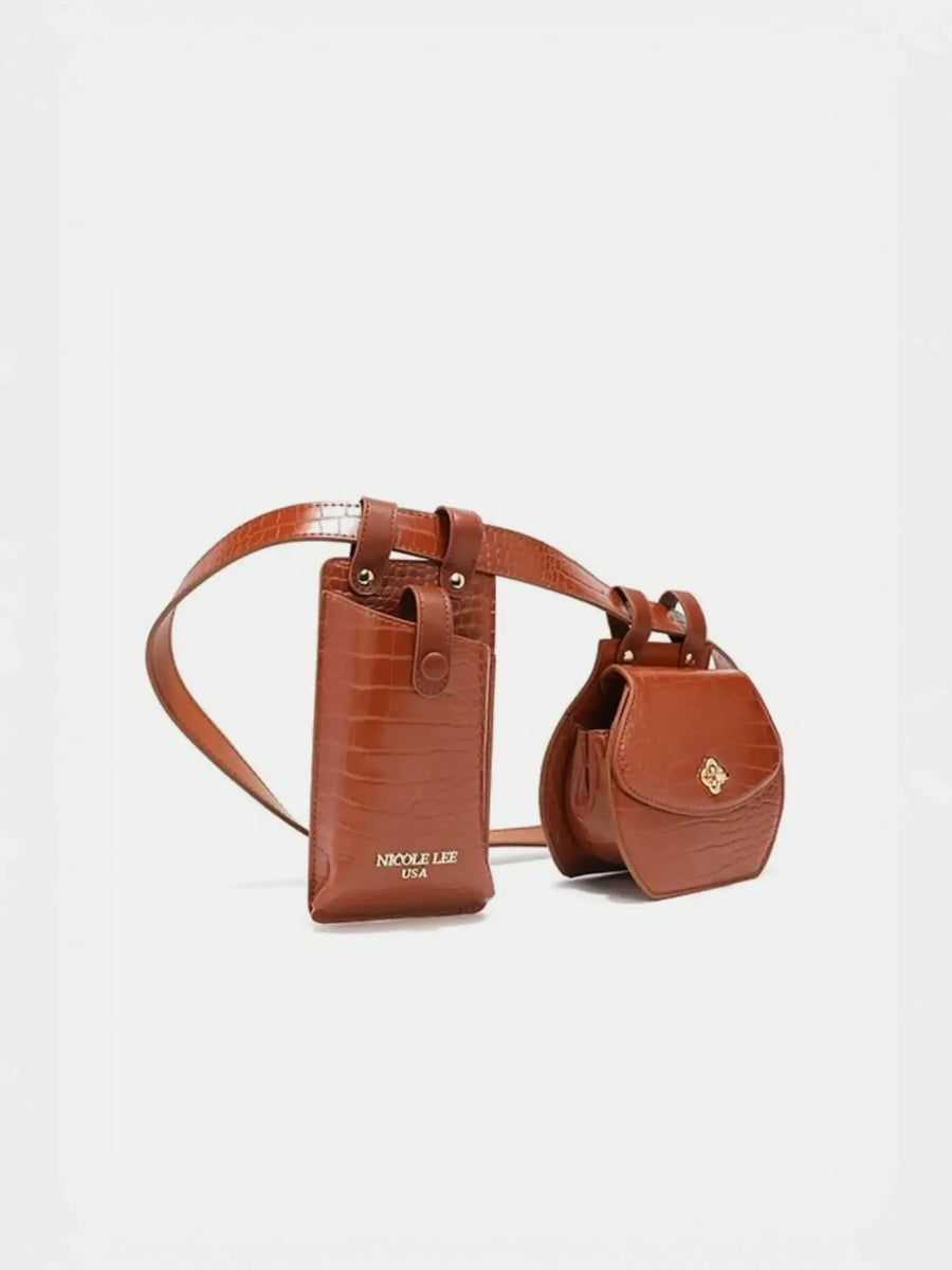 Babe Beachwear brown leather belt bag with two attached compartments and gold hardware