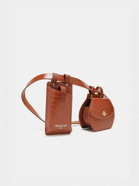 Babe Beachwear brown leather belt bag with two attached compartments and gold hardware