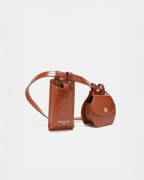 Babe Beachwear brown leather belt bag with two attached compartments and gold hardware