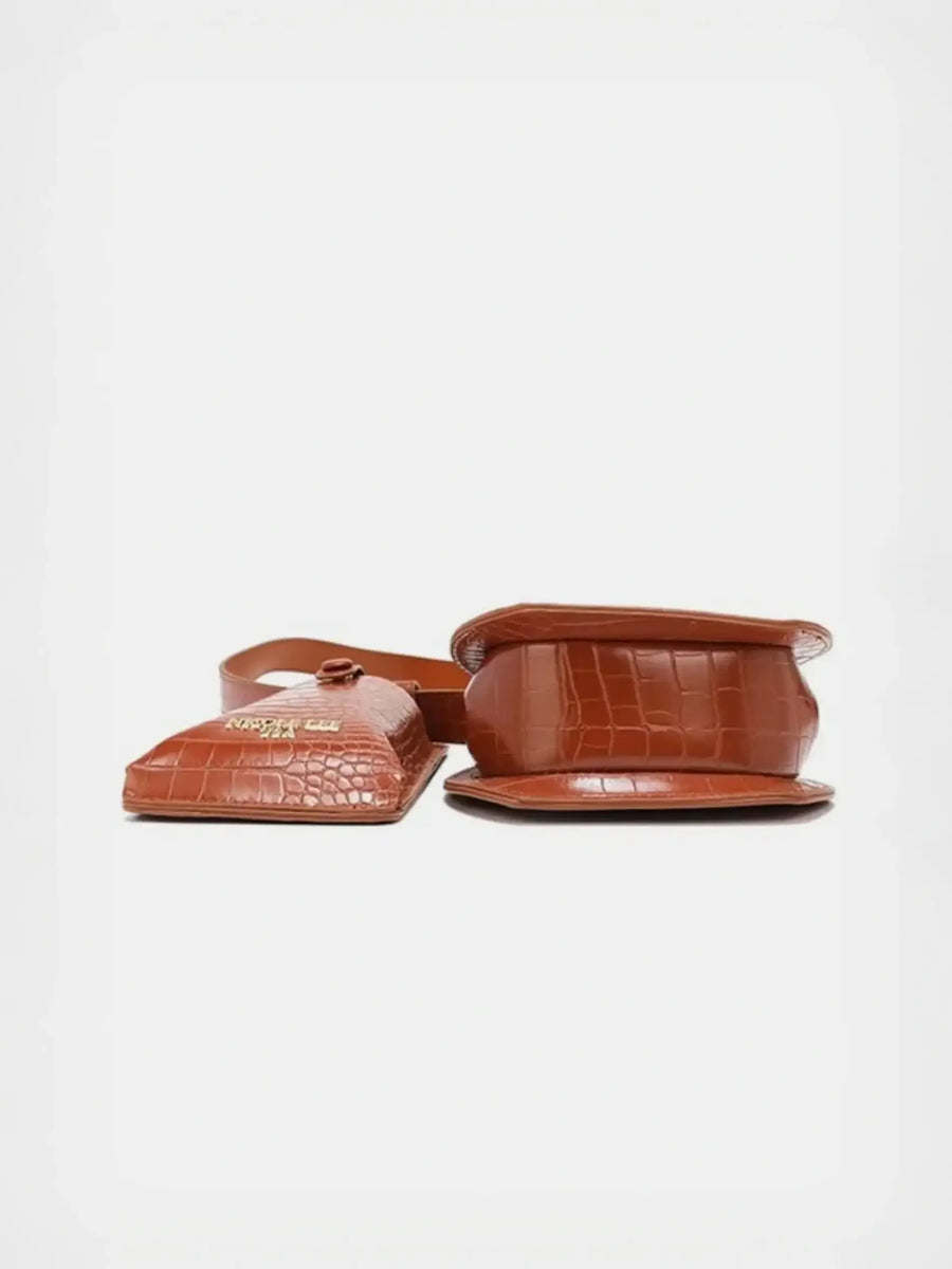 Babe Beachwear brown crocodile texture belt bag with gold logo and adjustable strap
