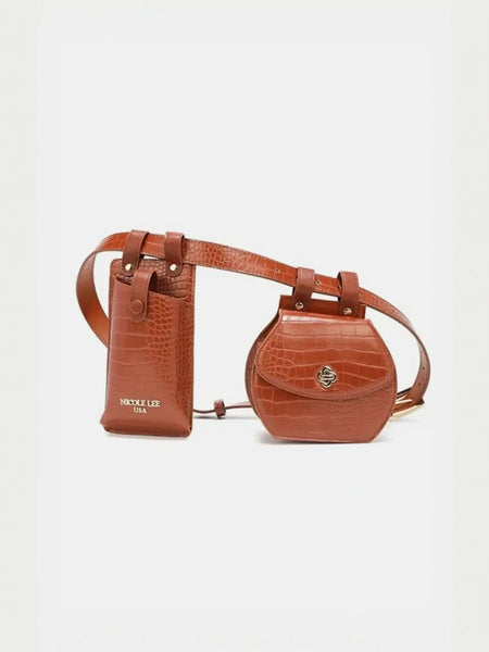 Babe Beachwear brown faux crocodile leather belt bag with dual pouch design and adjustable strap