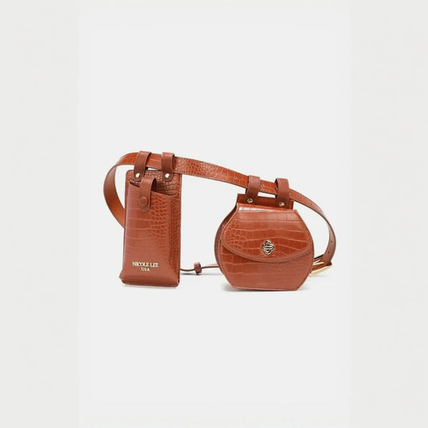 Babe Beachwear brown faux crocodile leather belt bag with dual pouch design and adjustable strap