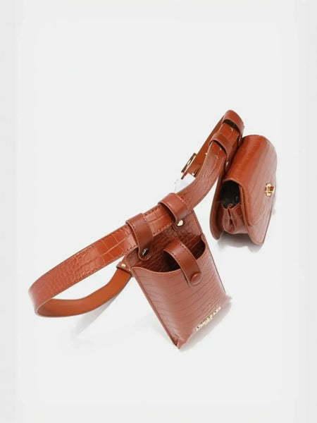 Babe Beachwaer brown faux crocodile leather belt bag with two compartments and adjustable strap