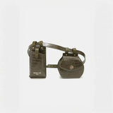 Olive green crocodile texture belt bag with two attached pouches and adjustable strap