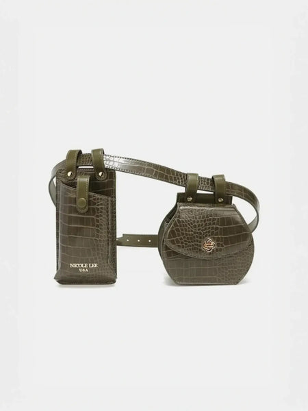 Olive green crocodile texture belt bag with two attached pouches and adjustable strap