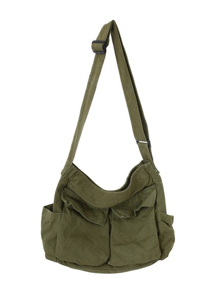 Olive green Nova Oversized Canvas Messanger Bag with multiple pockets and adjustable shoulder strap