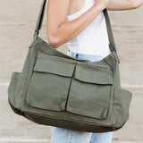 Babe Beachwear Nova Oversized Canvas Messanger Bag in olive green with multiple front pockets