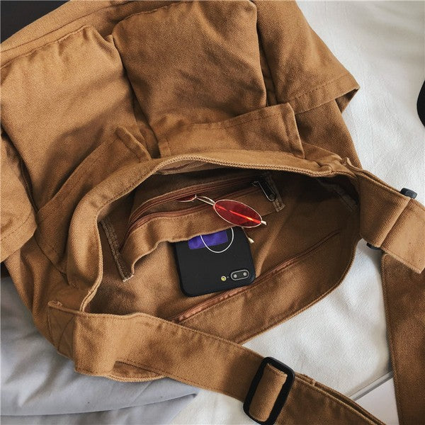 Nova Oversized Canvas Messanger Bag by Babe Beachwear in brown with adjustable strap and zipper pocket