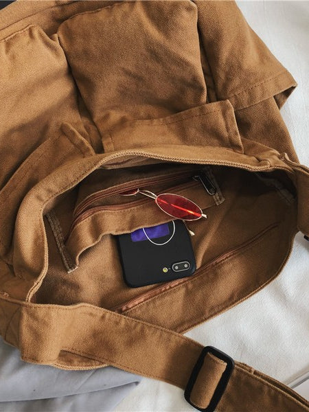 Nova Oversized Canvas Messanger Bag by Babe Beachwear in brown with adjustable strap and zipper pocket