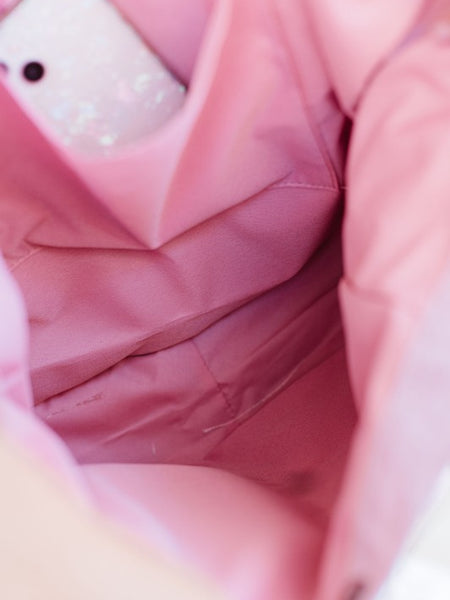 Interior view of Babe Beachwear Nylon Lightweight Weekender Gym Bag in pink showing inner pocket and lining