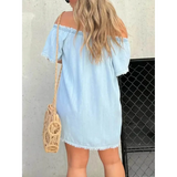 Babe Beachwear off shoulder denim dress for curvy women light blue mini dress back view
