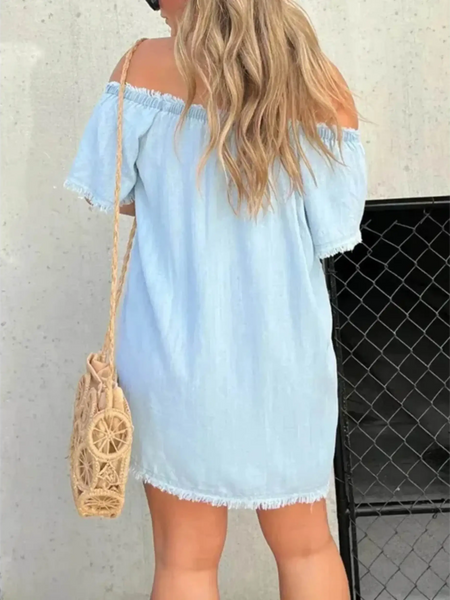 Babe Beachwear off shoulder denim dress for curvy women light blue mini dress back view