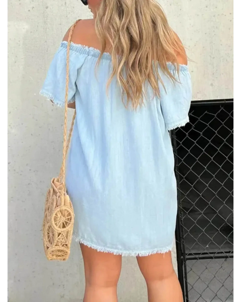 Babe Beachwear off shoulder denim dress for curvy women light blue mini dress back view