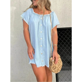 blue Babe Beachwear off shoulder denim dress for curvy women in light blue with button front and frayed edges